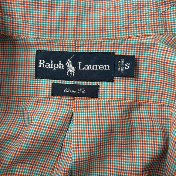 Ralph Lauren Mens Classic Fit Orange and Blue Plaid Button Down Size Small - Picture 7 of 8